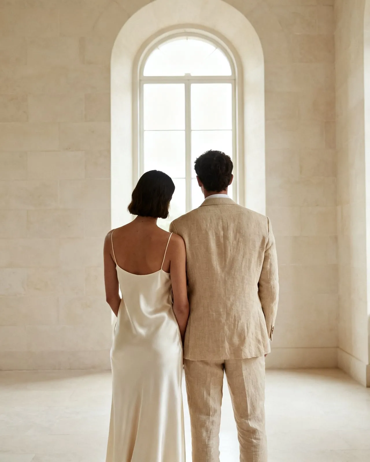 A couple standing together before a tall arched window in a pale stone room