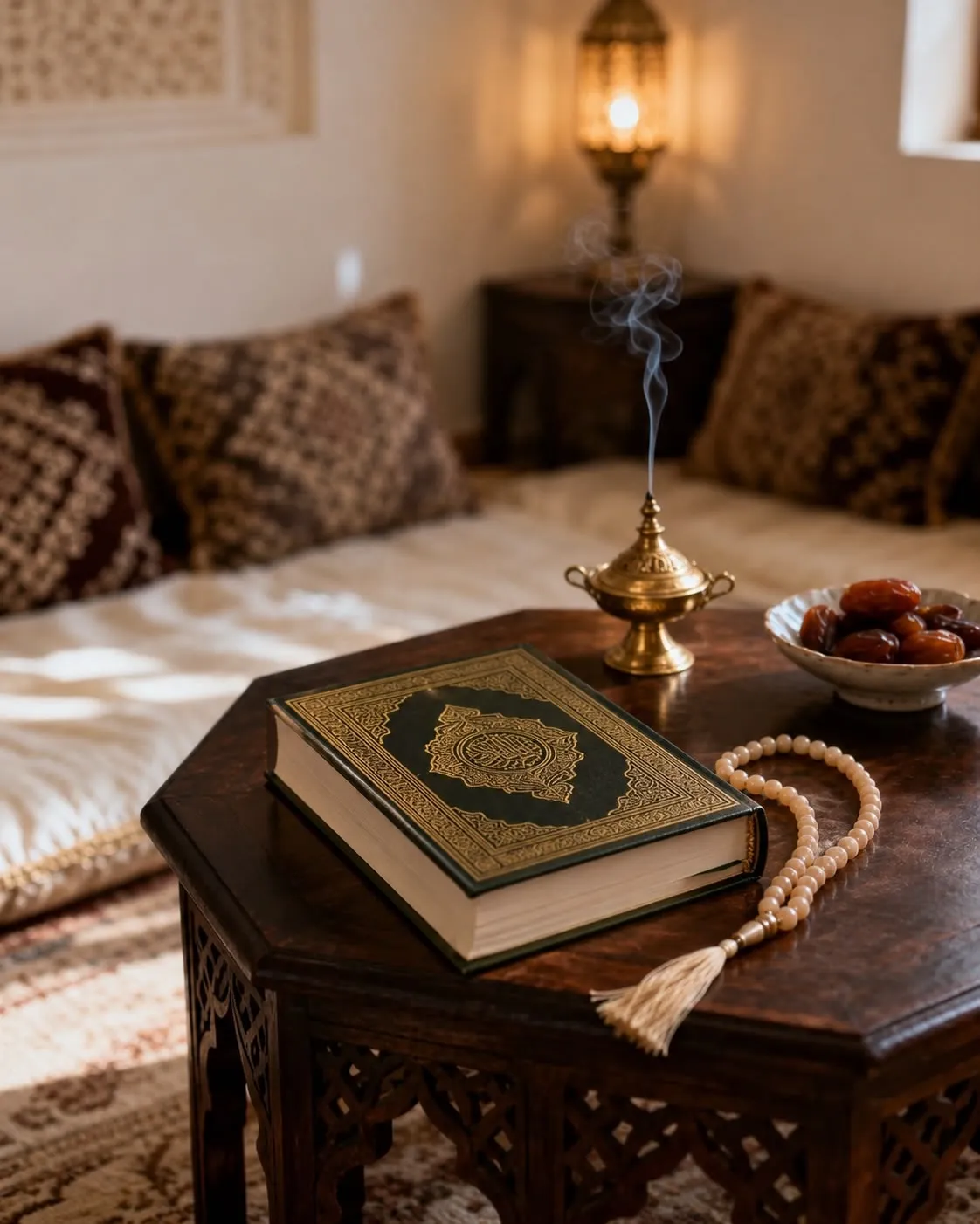 A gold-tooled Qur’an on a carved octagonal majlis table, prayer beads beside it, a brass incense burner and a bowl of dates behind